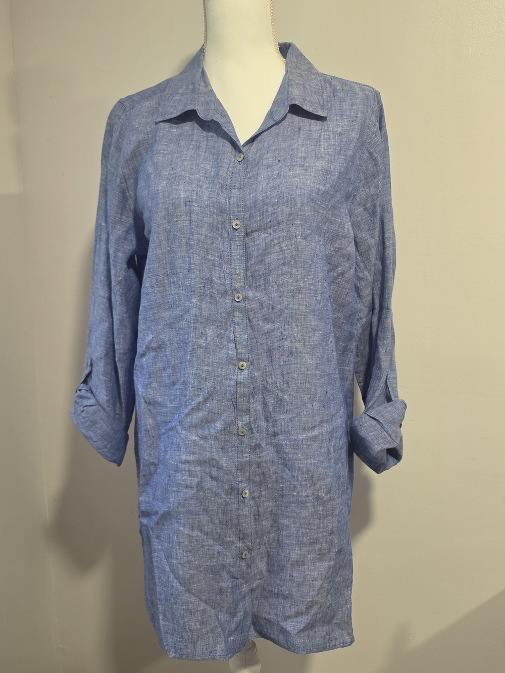 SIGRID OLSEN 100% Linen Lightweight Blue Button-Down Shirt Dress Size Large